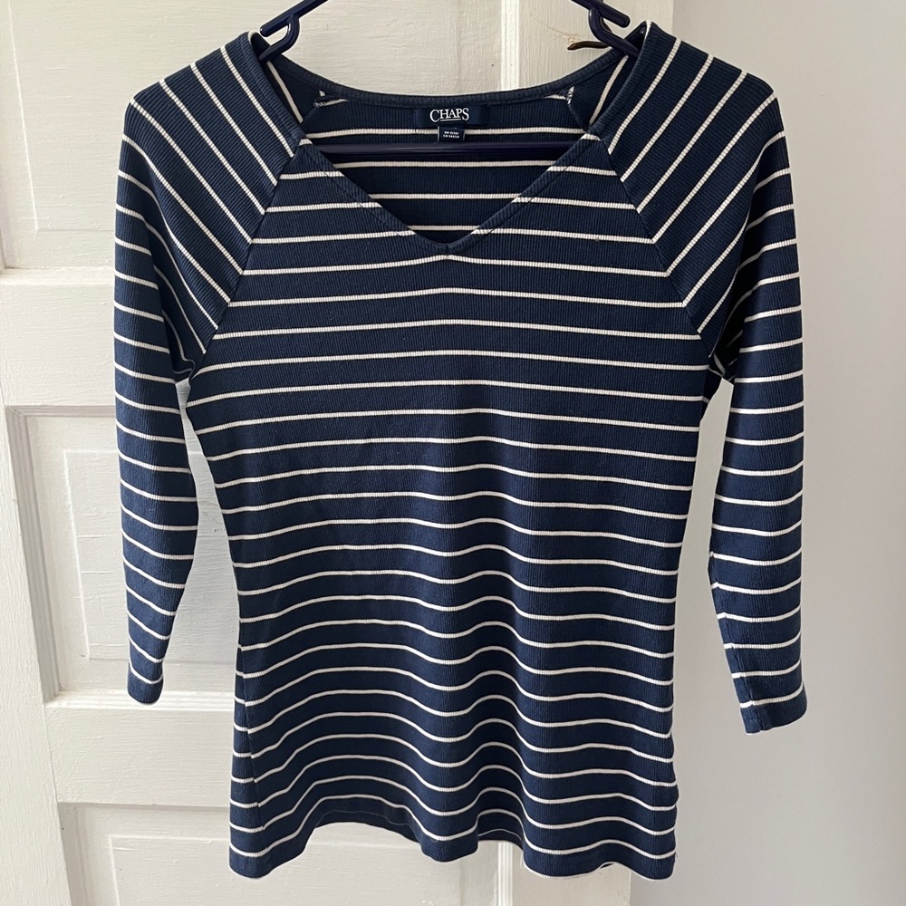 Chaps Navy and White Striped Blouse